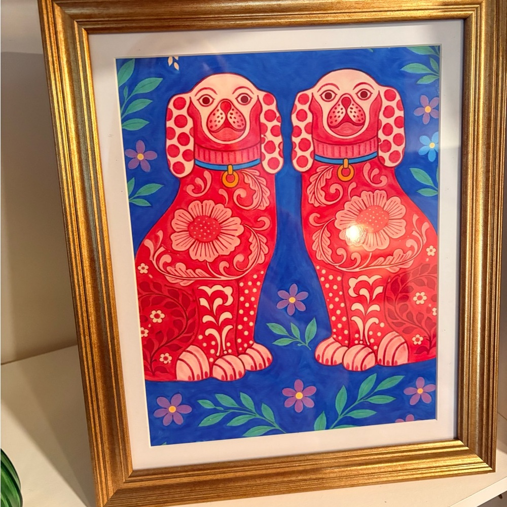 Pink Staffordshire Dog Art 8x10 Gold Frame Chinoiserie Wall Art